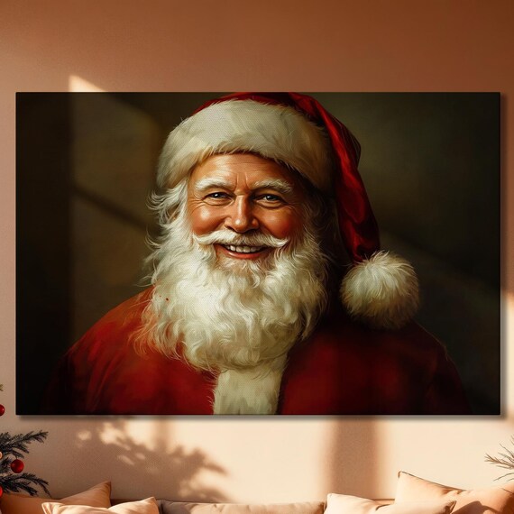 Funny Santa Claus Portrait Canvas Wall Art Cheerful Christmas Painting Print Festive Decor Holiday Poster Xmas Artwork Ready To Hang Gift