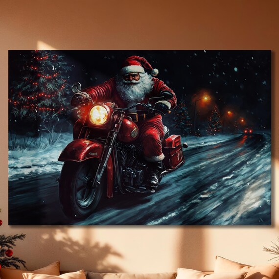 Santa Claus Riding A Red Motorcycle At Night Snowy Road Christmas Poster