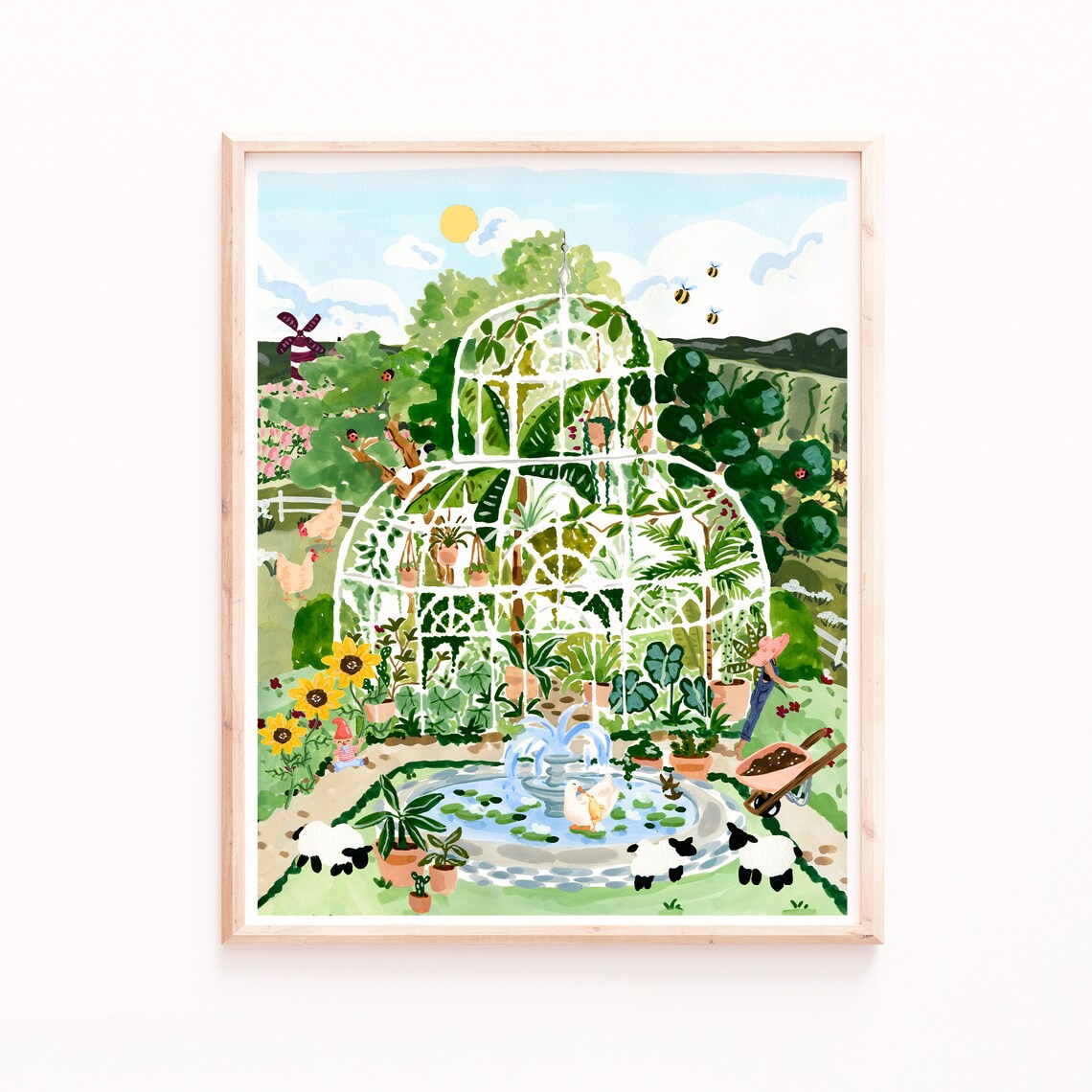 Greenhouse Garden Watercolor Art Print, Botanical Animals