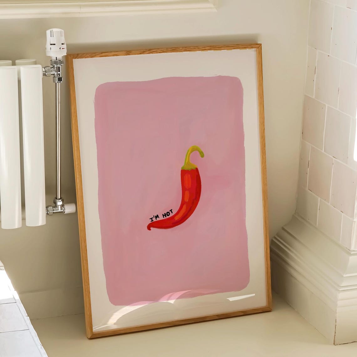 Red Chili Pepper I Am Hot Minimal Blush Pink Kitchen Wall Poster