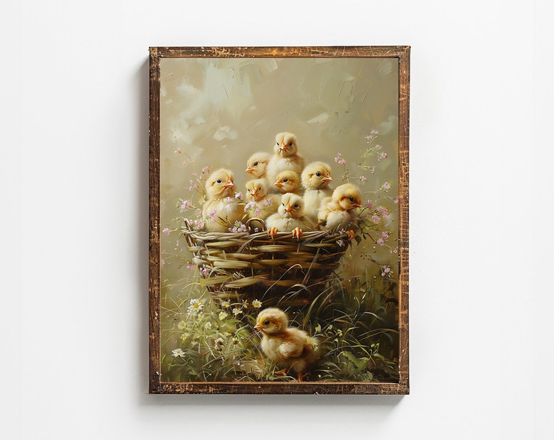 Baby Chicks Crowding a Wicker Basket in Spring Flowers Poster