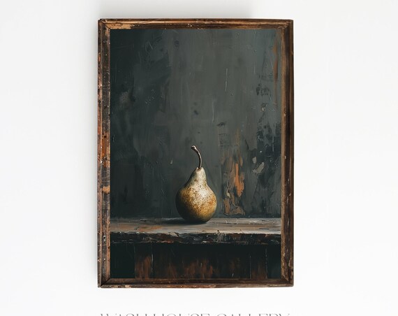 Vintage Pear Painting Still Life Fruit Art Oil Painting Wall Art For Kitchen Primitive Art Moody Kitchen Wall Art Dark Cottagecore