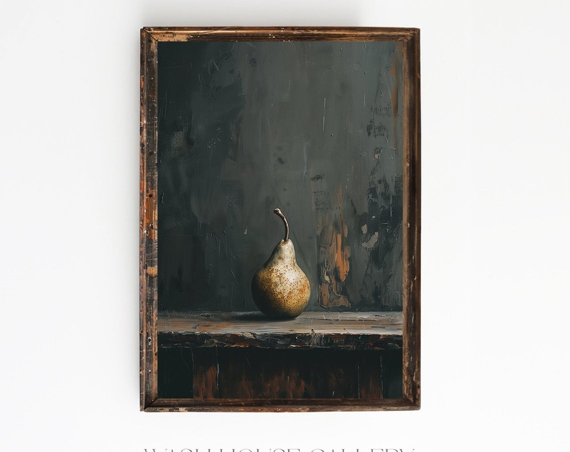 Minimalist Single Pear on a Wooden Shelf Dark Moody Still Life Poster
