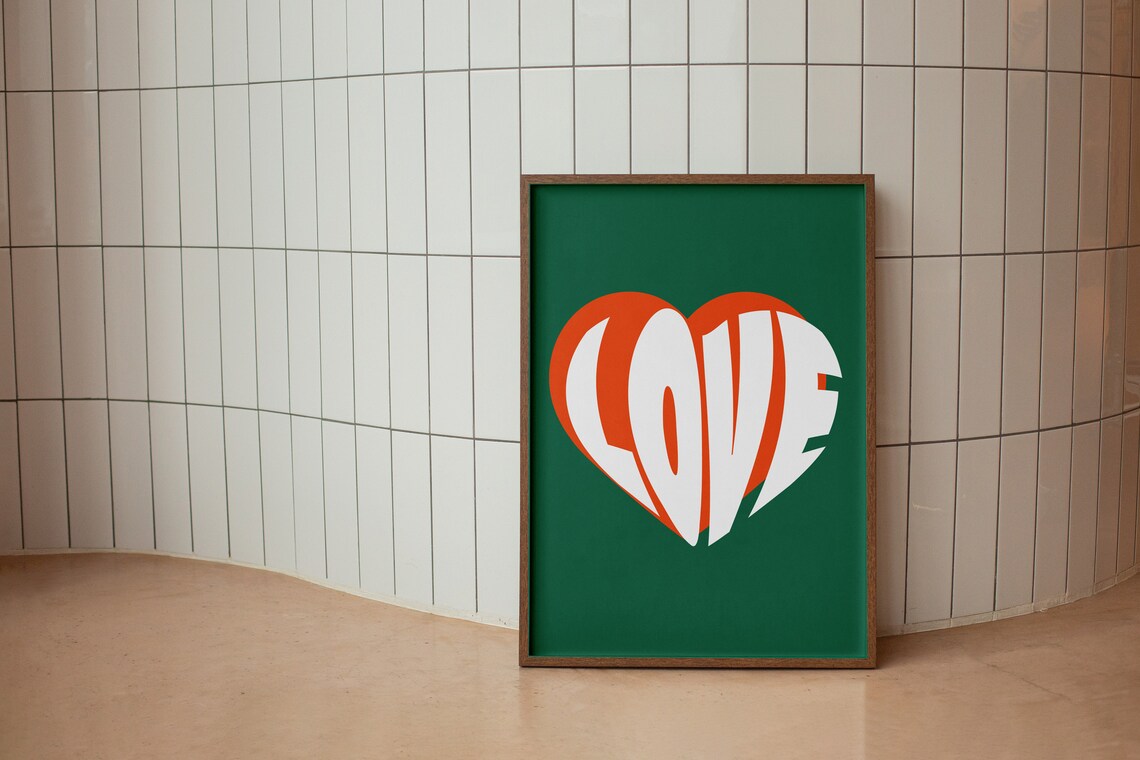 Bold Love Heart Red Orange On Green Retro Pop Typography Poster