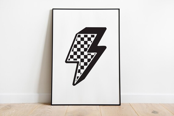 Checkered Flag Lightning Bolt Black White Racing Style Art Poster