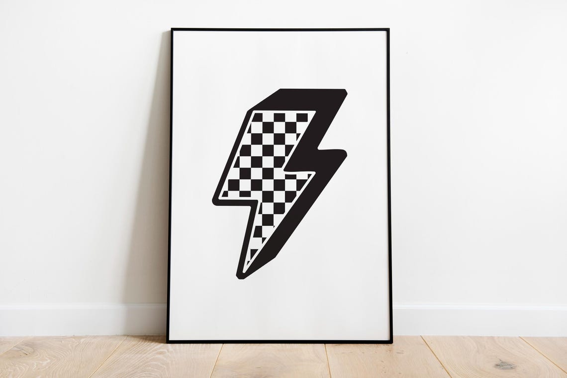 Checkered Flag Lightning Bolt Black White Racing Style Art Poster