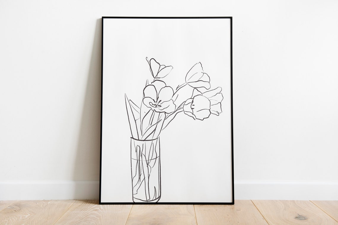 Tulips In Vase Line Drawing Minimalist Botanical Sketch Decor Poster