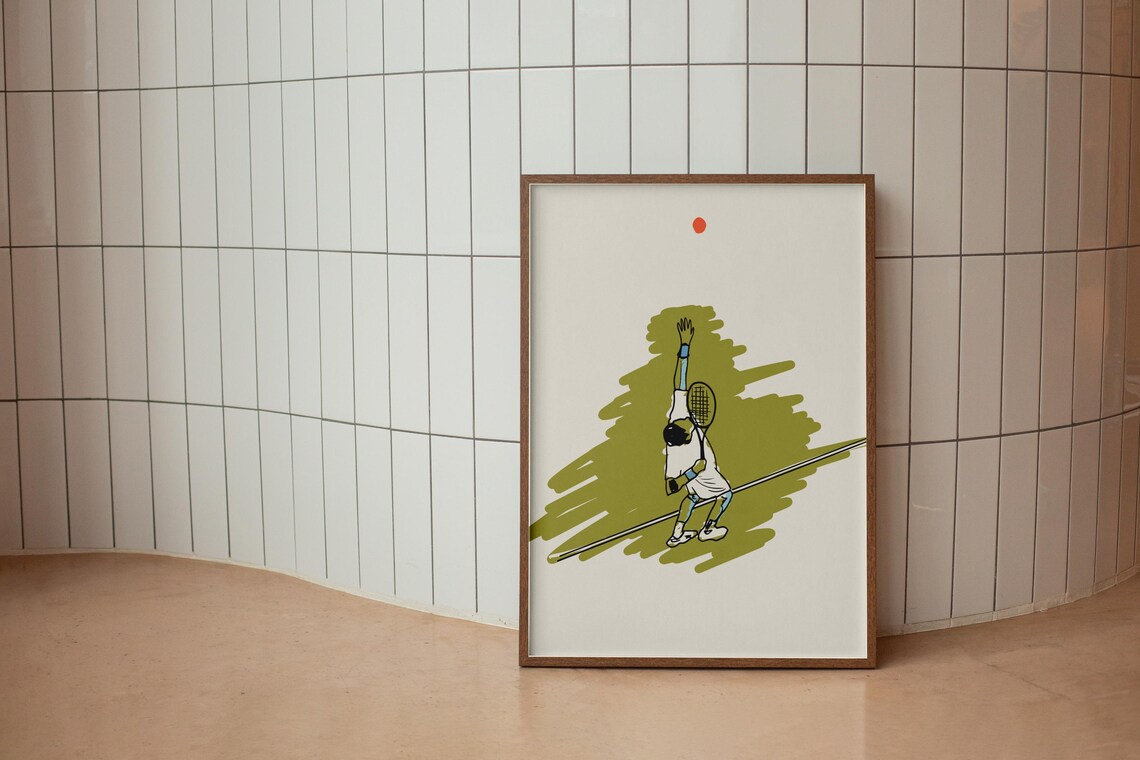 Tennis Serve Minimalist Illustration Green Brushstroke Sports Poster