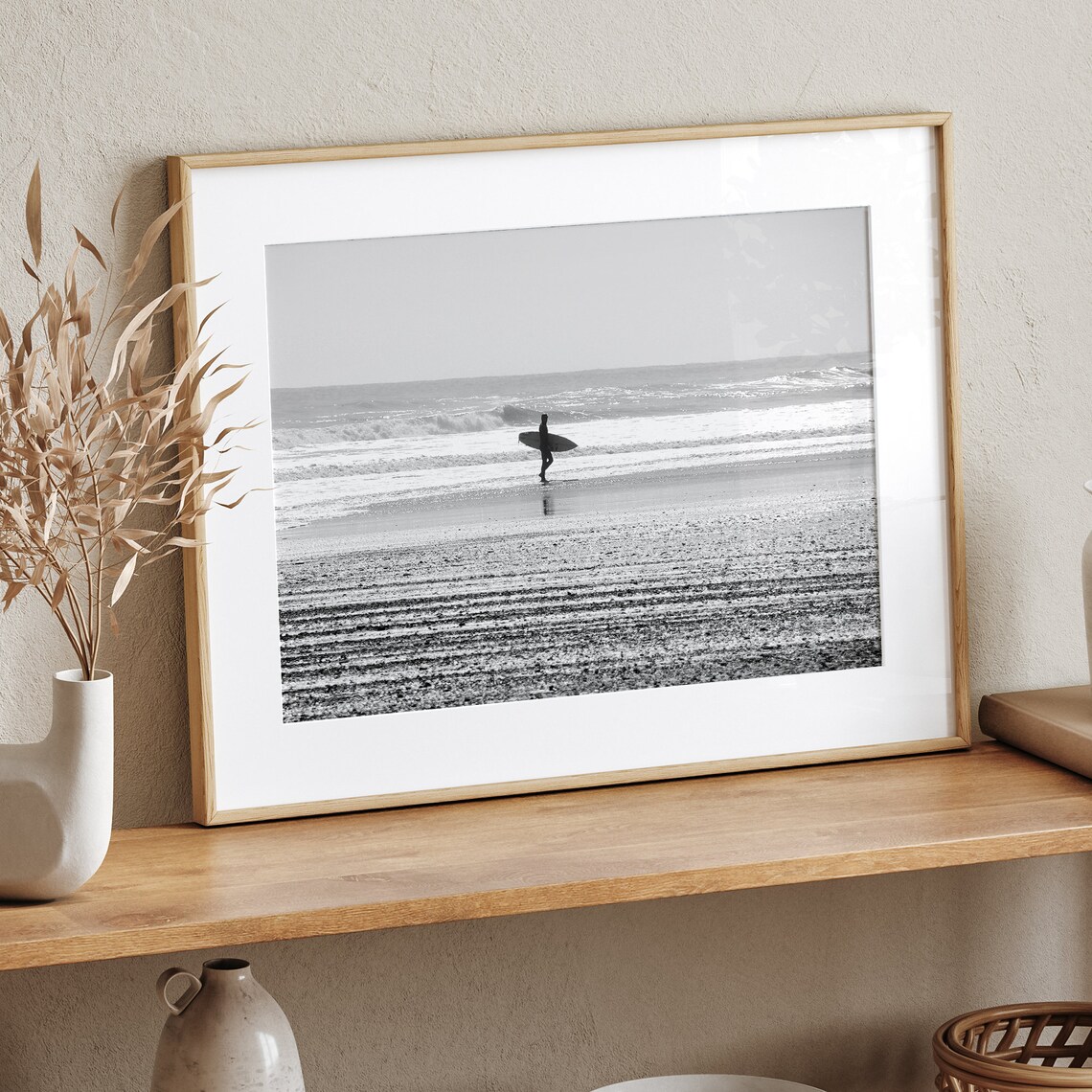 Lone Surfer Minimalist Black And White Beach Art Print - Image 2