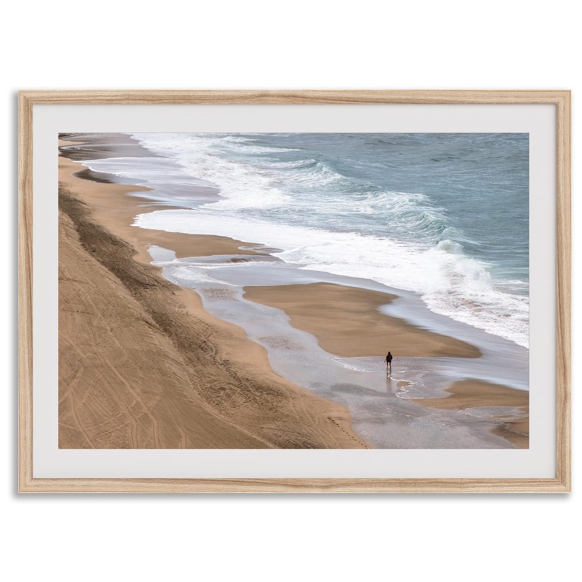 Aerial Beach Shoreline Waves Sandy Coast Lone Walker View Poster