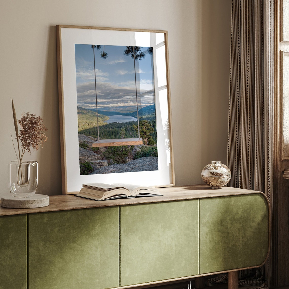 Sierra Mountain Lake View Wooden Swing Overlook Pine Forest Poster - Image 3