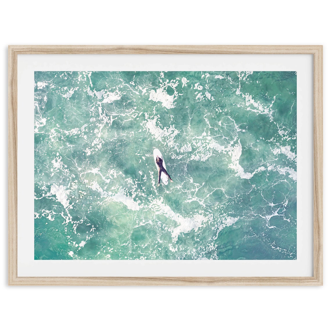 Aerial Surfer Paddling Turquoise Ocean Overhead Surf Board View Poster