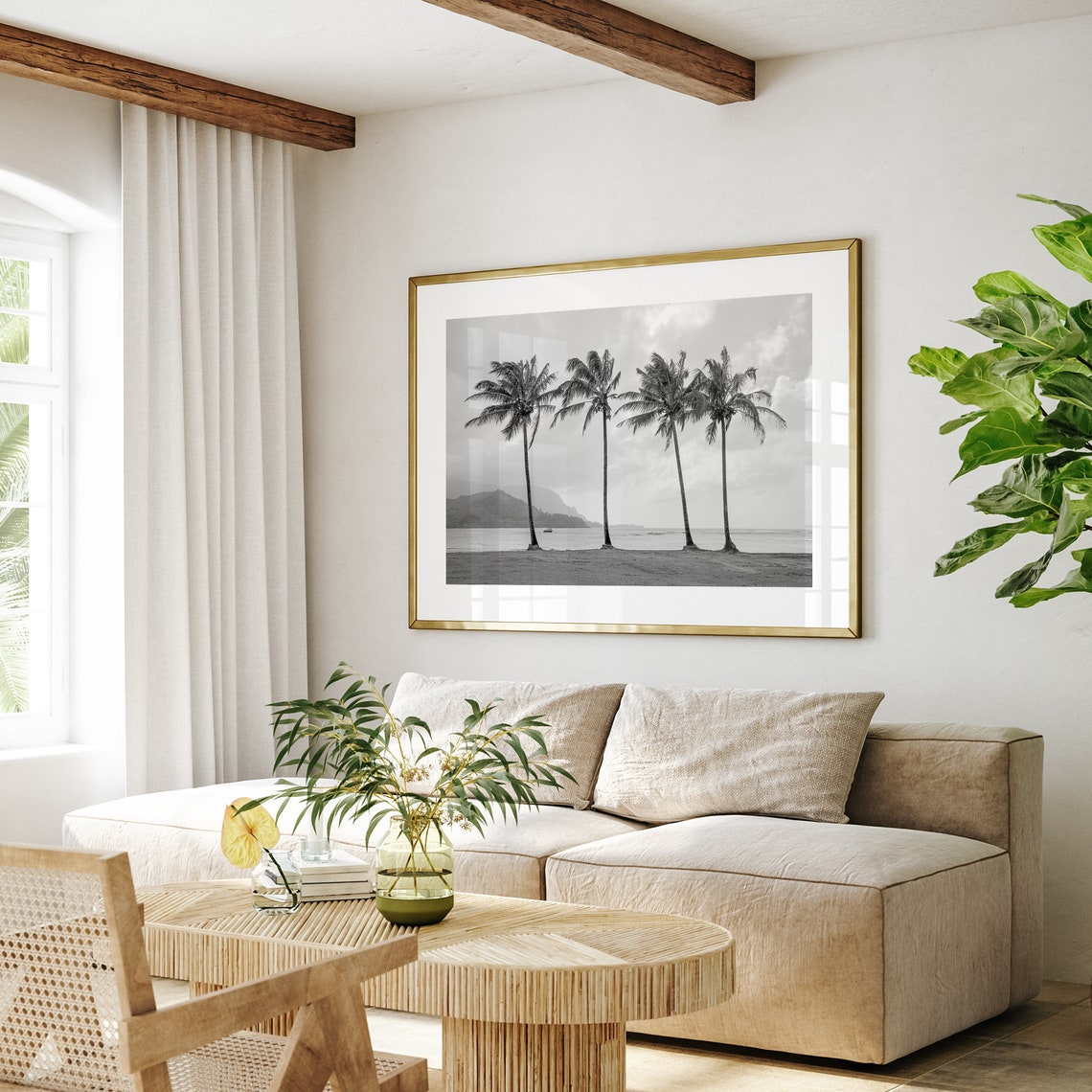 Four Palm Trees Black And White Beach Ocean Horizon Travel Poster - Image 2