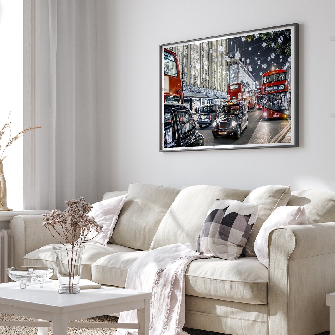 London Christmas Lights Night Red Double Decker Buses City Poster - Image 2