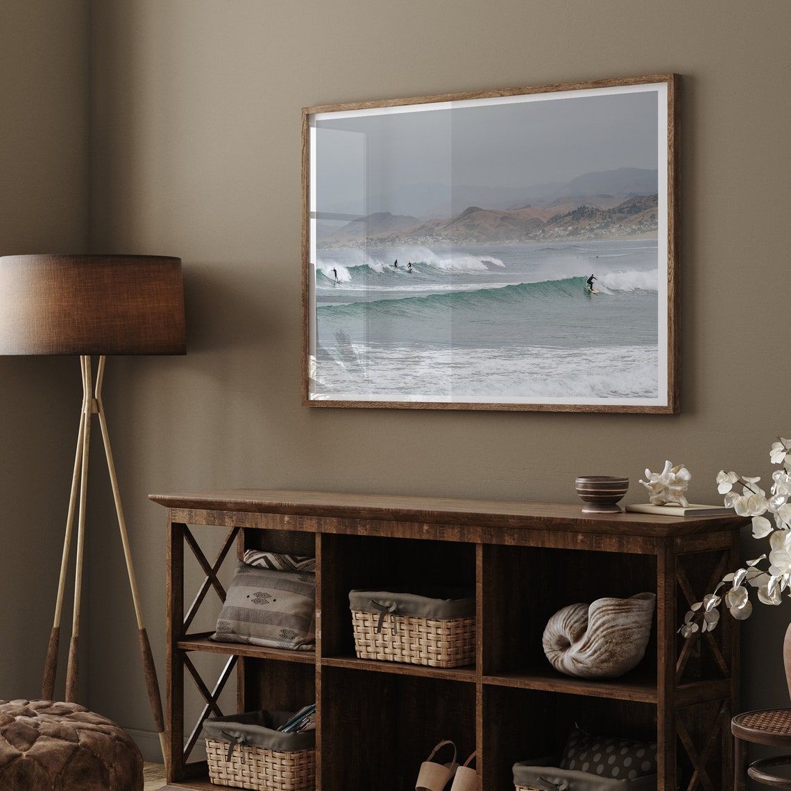 California Coast Surfers Riding Waves Ocean Hills Backdrop Poster - Image 4