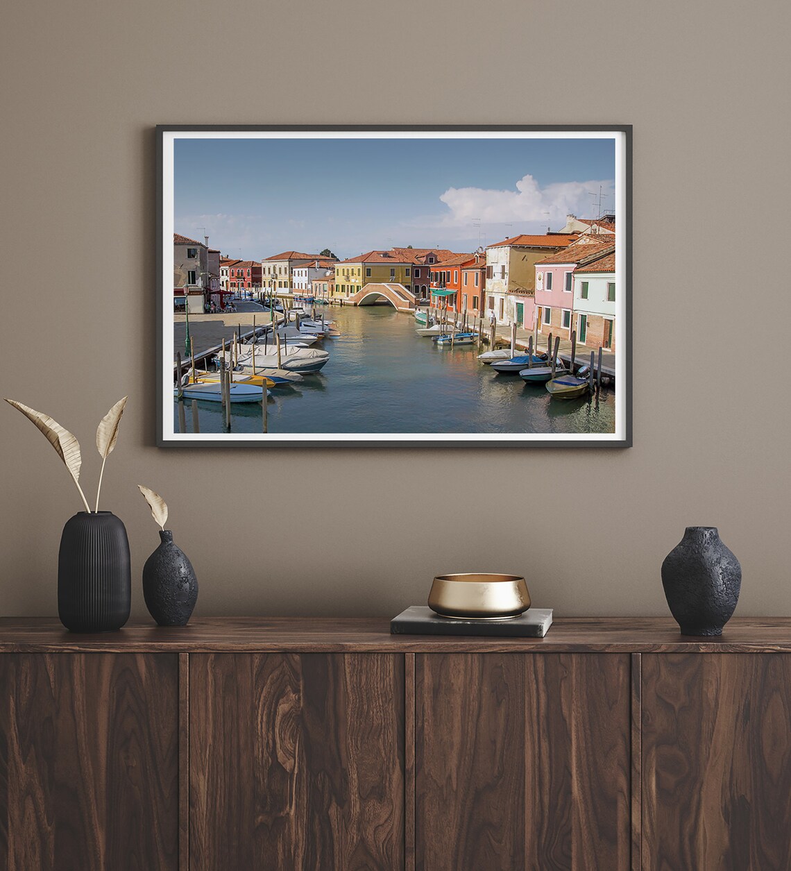 Venice Italy Colorful Canal Houses Boats Arched Bridge View Poster - Image 2