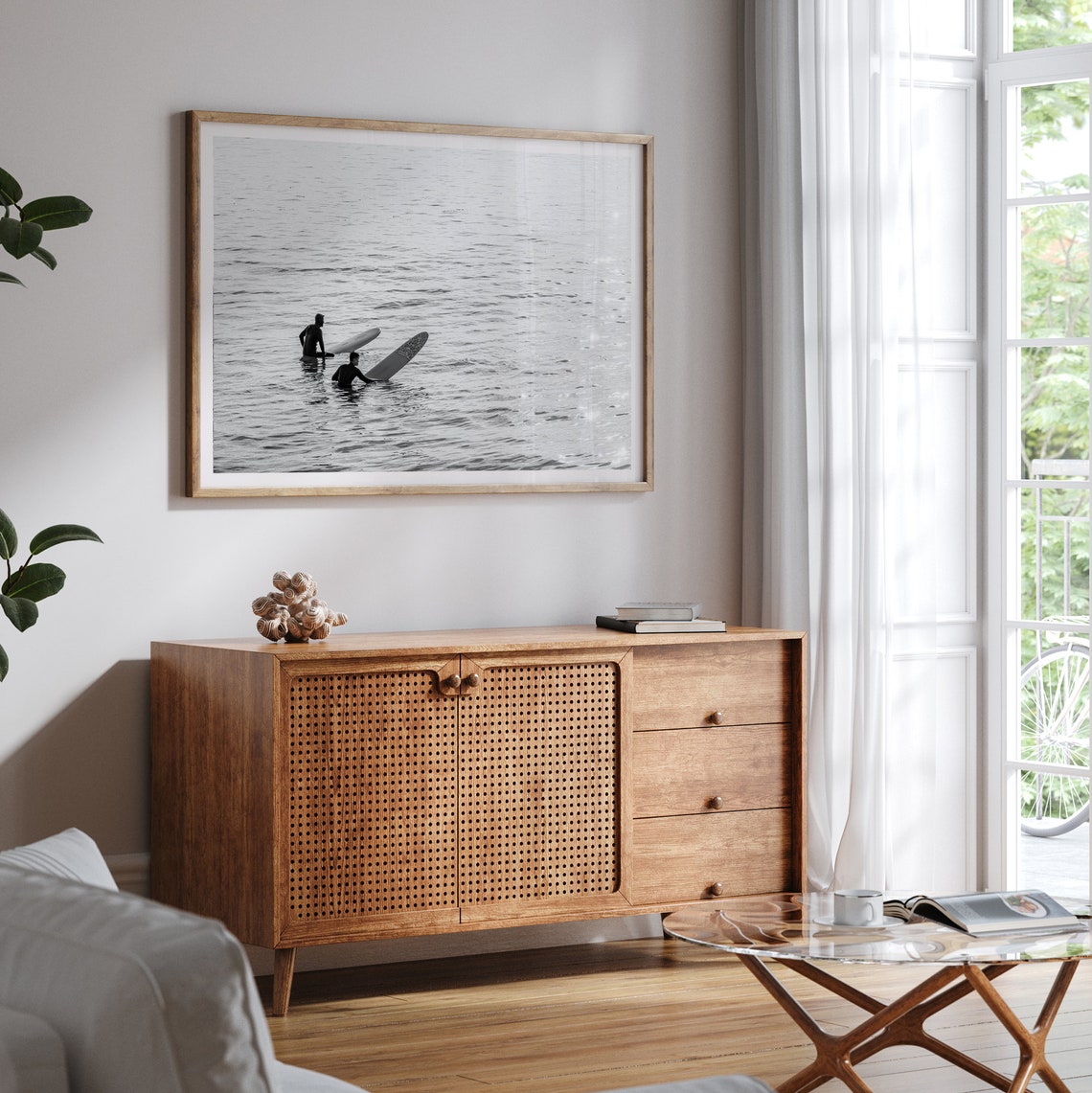 Black And White Surfers Waiting Ocean Longboard Surf Photo Poster - Image 3