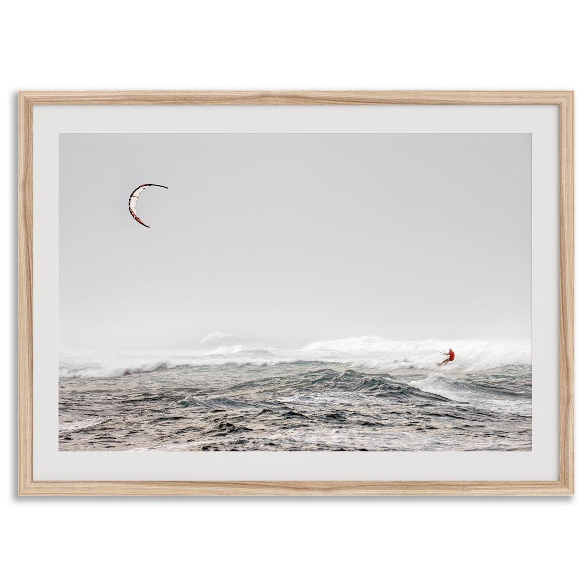 Kite Surfer Riding Choppy Gray Ocean Minimalist Surf Action Poster