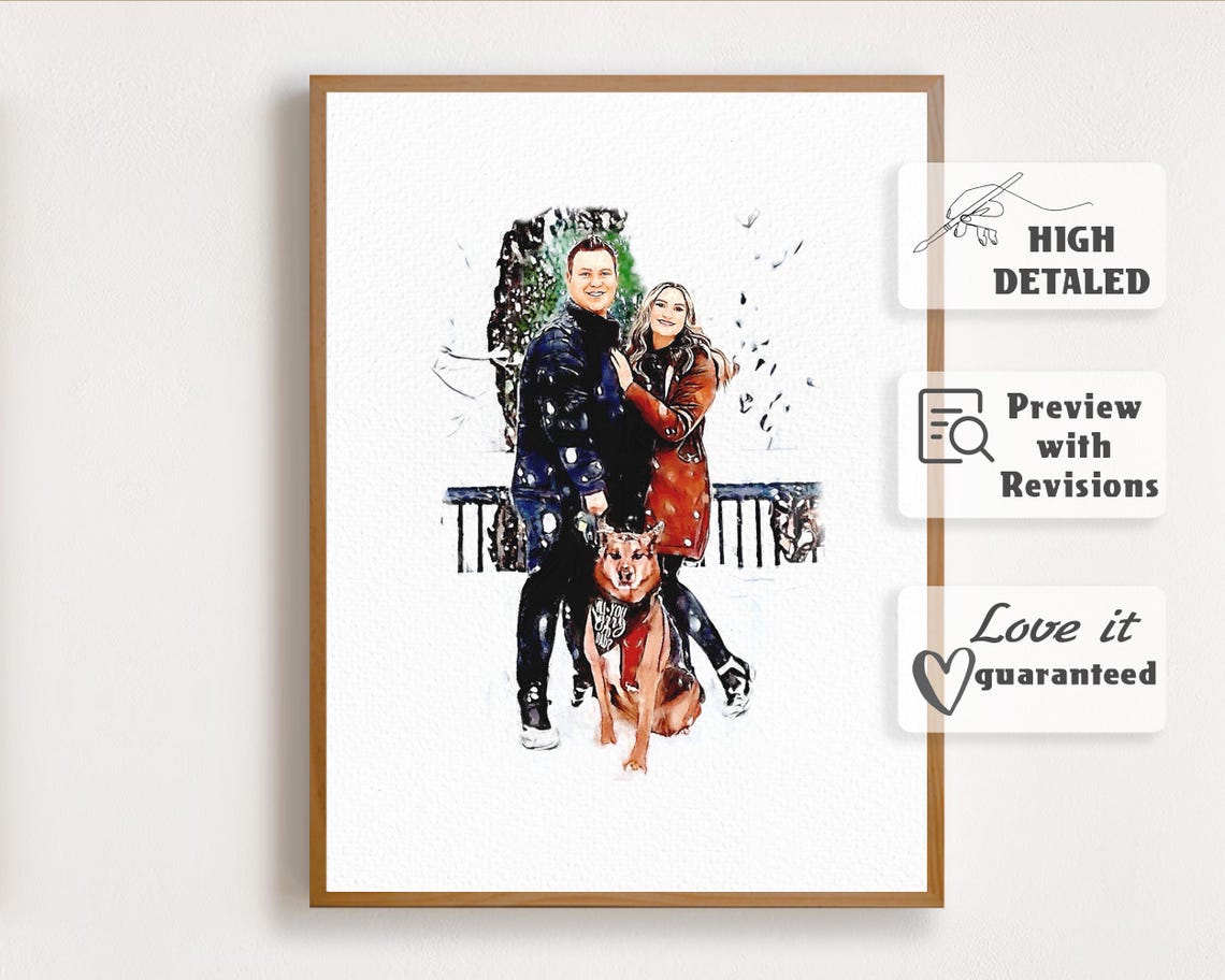 Winter Couple with Dog Watercolor Holiday Family Portrait Poster