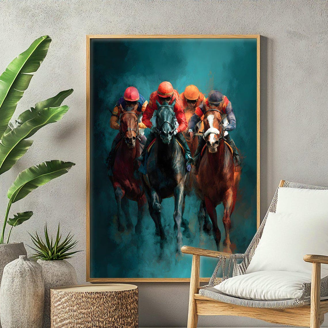 Thoroughbred Racehorses Jockeys Charging Dramatic Equestrian Poster