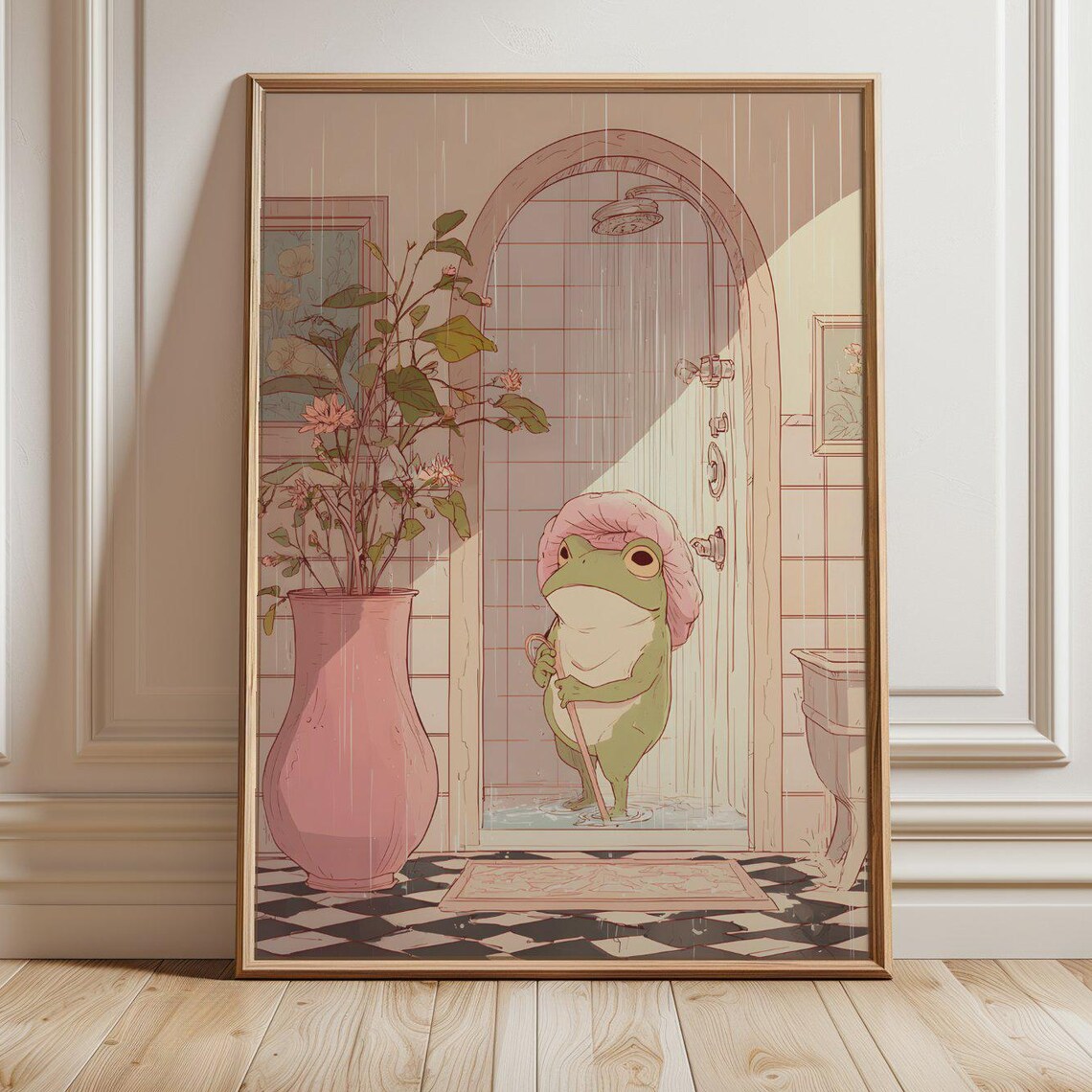 Frog In Pink Shower Cap Whimsical Cute Bathroom Animal Art Poster