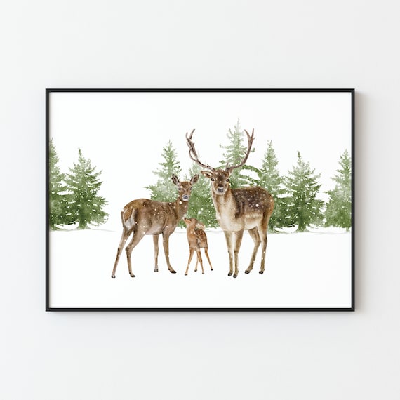 Winter Deer Family Stag Doe Fawn Snowy Forest Watercolor Poster