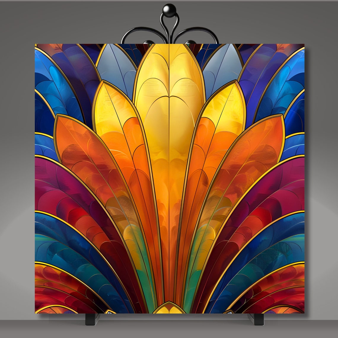Modern Art Deco Ceramic Tile Wall Art Stained Glass Look Birthday Gift Boho Rainbow Home Accent Decorative Tile Trivet - Image 5