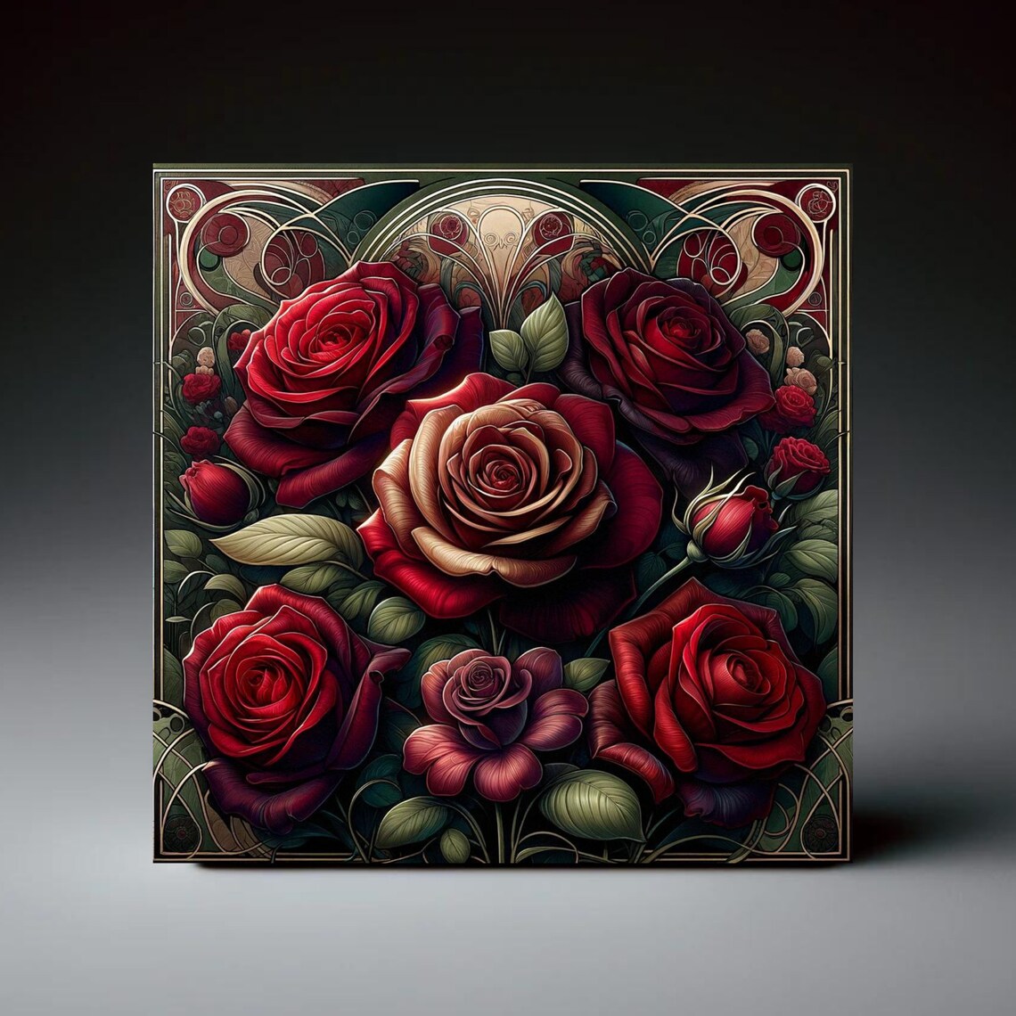 Red Roses Art Nouveau Floral Wall Art Print, Kitchen
