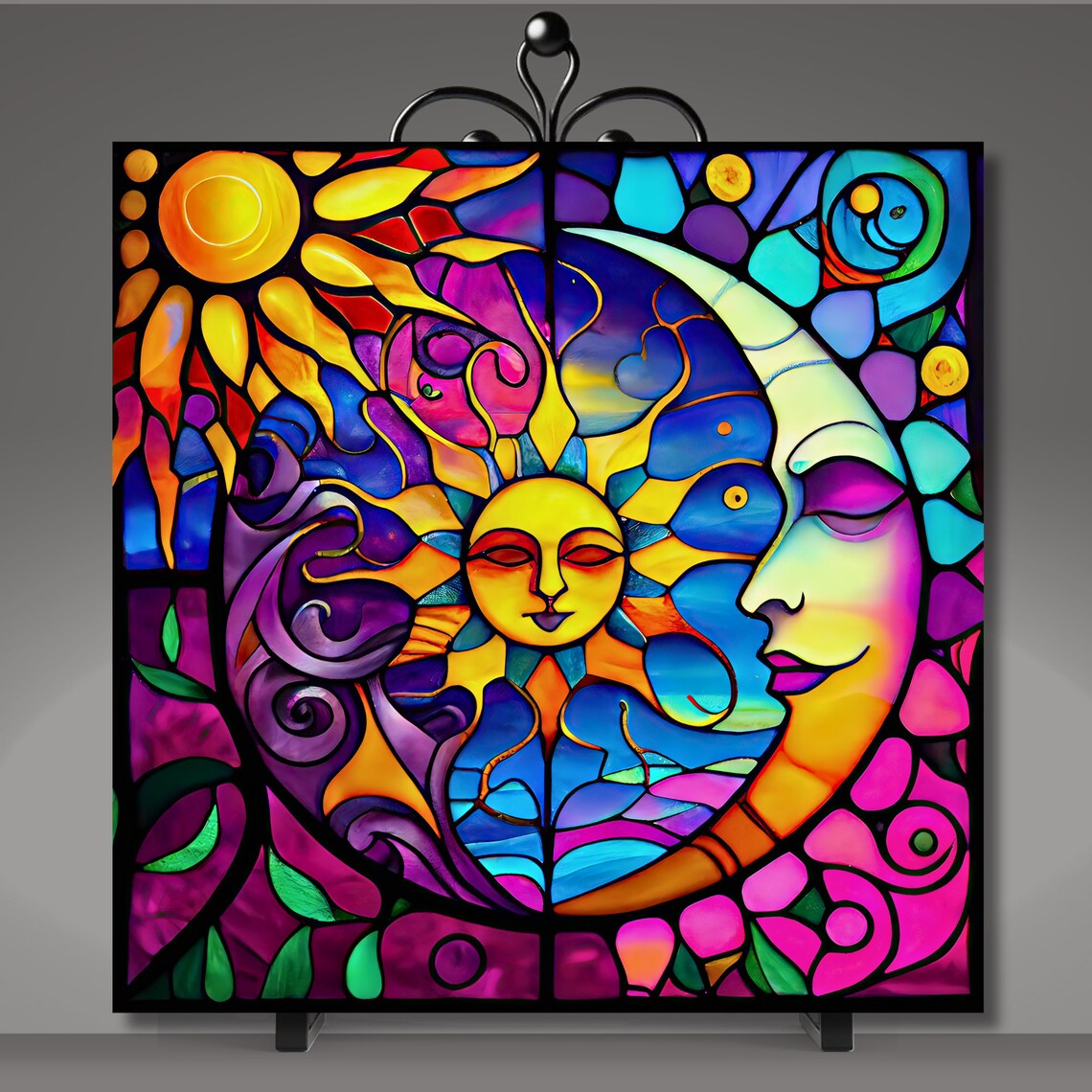 Stained Glass Sun and Moon Faces Celestial Mosaic Mandala Wall Art - Image 5