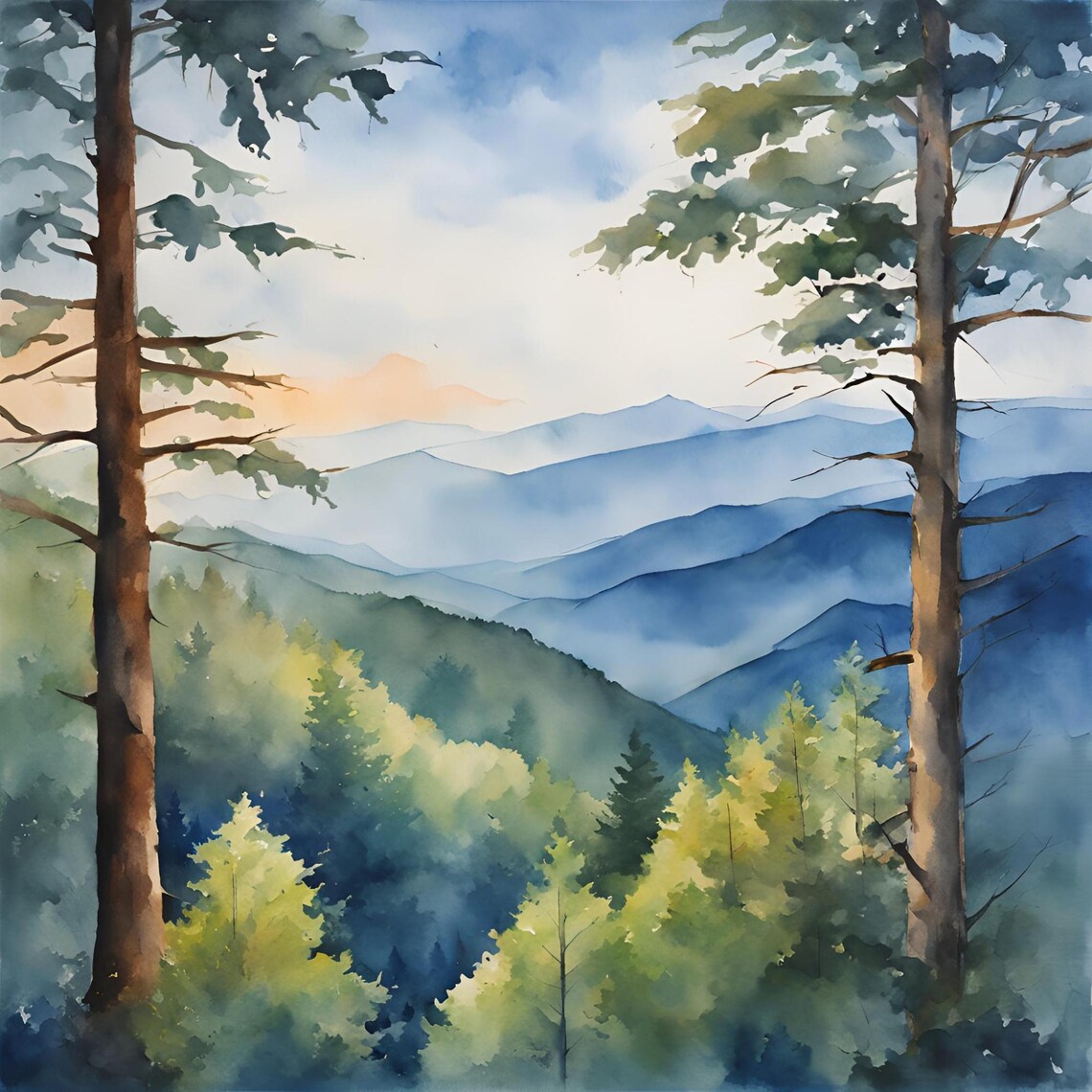 Watercolor Smoky Mountains Landscape Art Print - Image 4