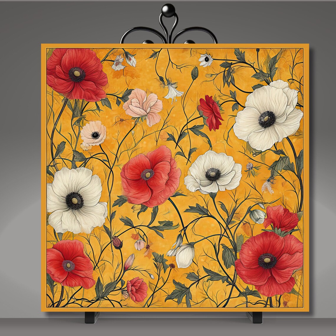 Poppies On Yellow Ceramic Tile Wall Art Print - Image 5
