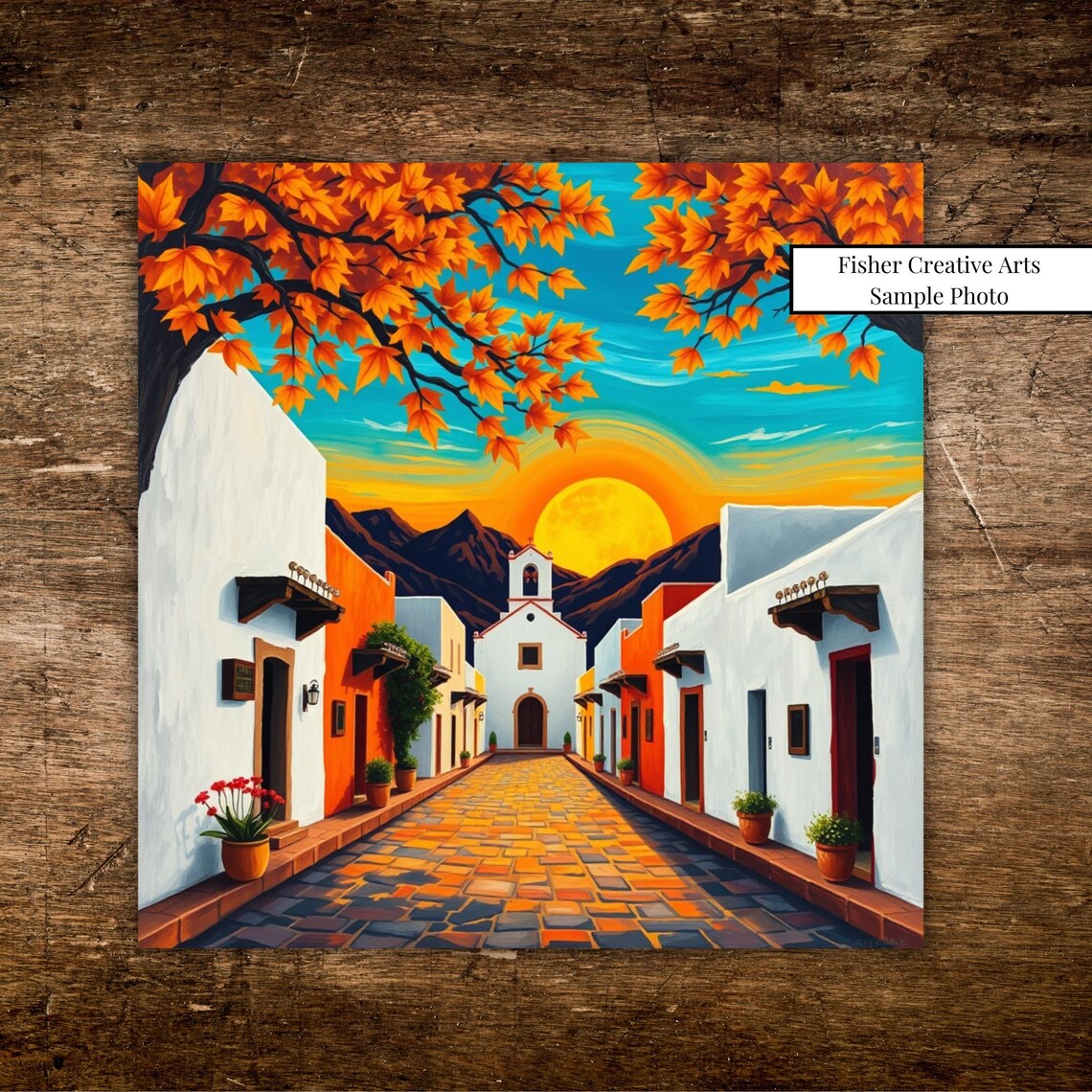 Mexican Village Sunset, Mountain Street Scene Art Print