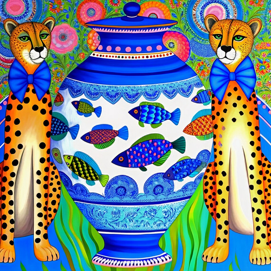 Cheetah Pair And Fish Ginger Jar Folk Art Ceramic Tile Wall Art - Image 4