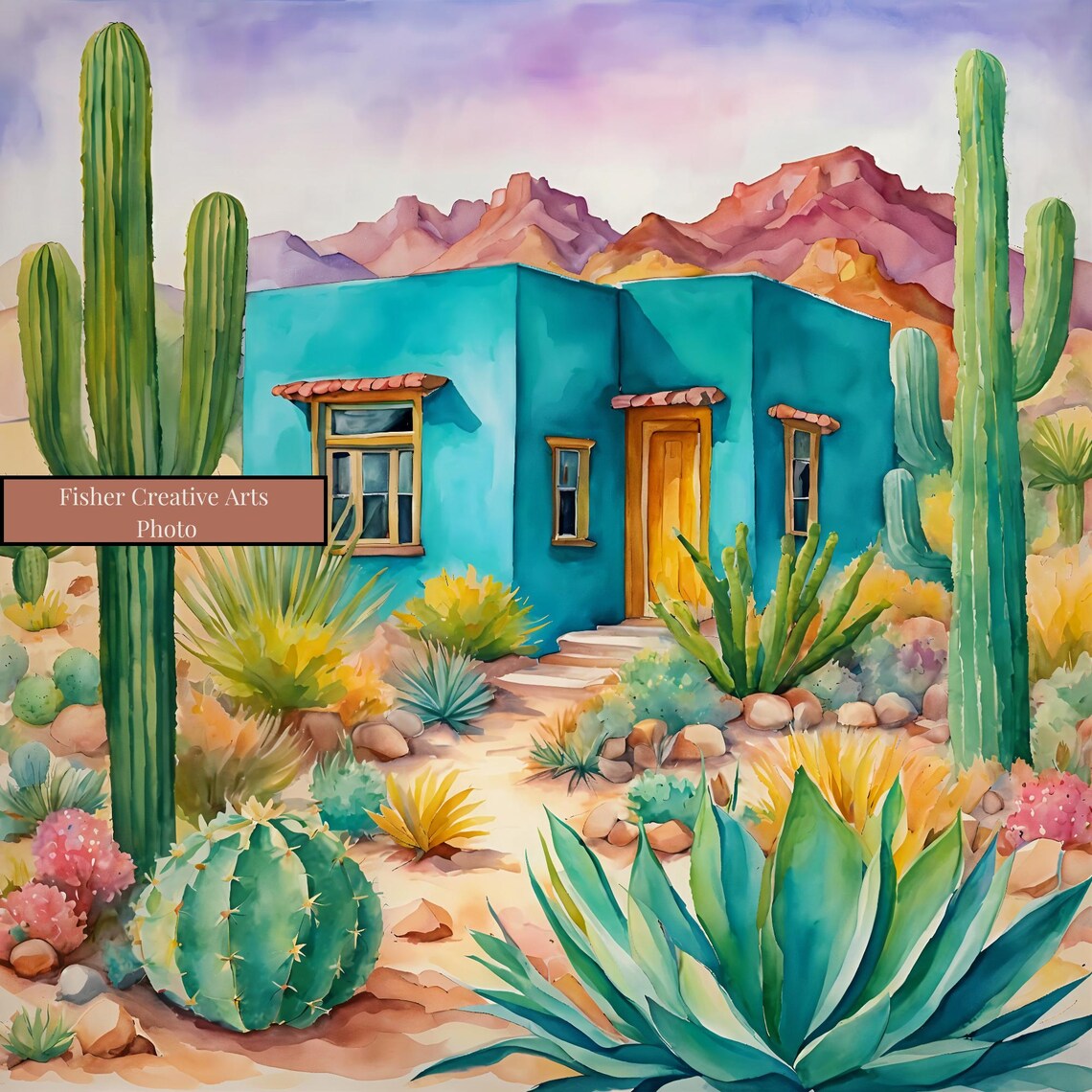 Turquoise Adobe House, Arizona New Mexico Art Print - Image 3