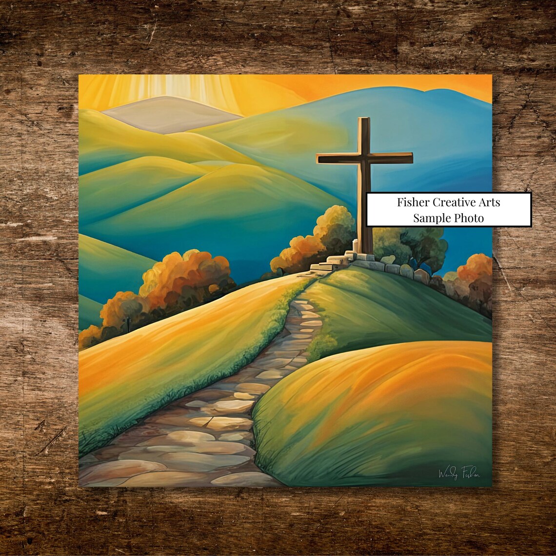 Hilltop Cross at Sunrise with Stone Path Golden Morning Wall Art