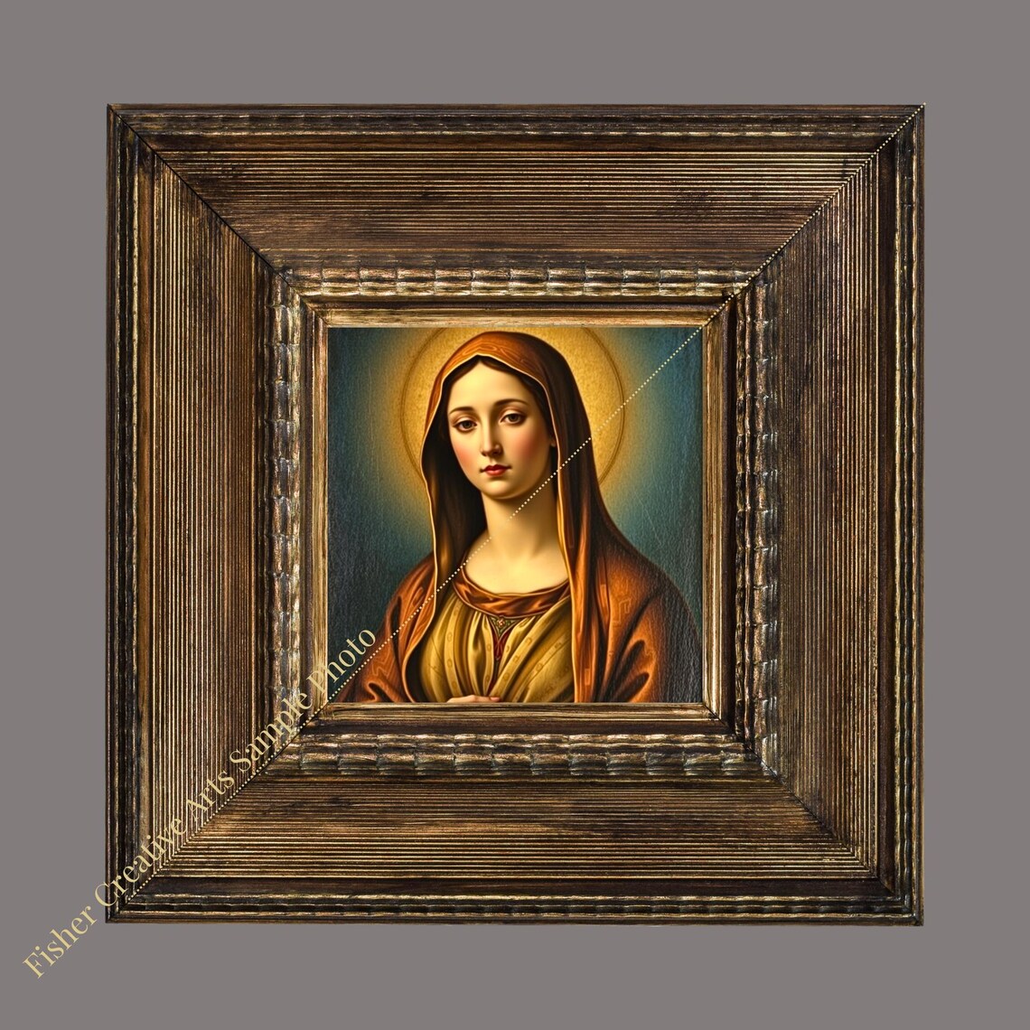 Virgin Mary with Golden Halo Vintage Catholic Devotional Wall Art - Image 2