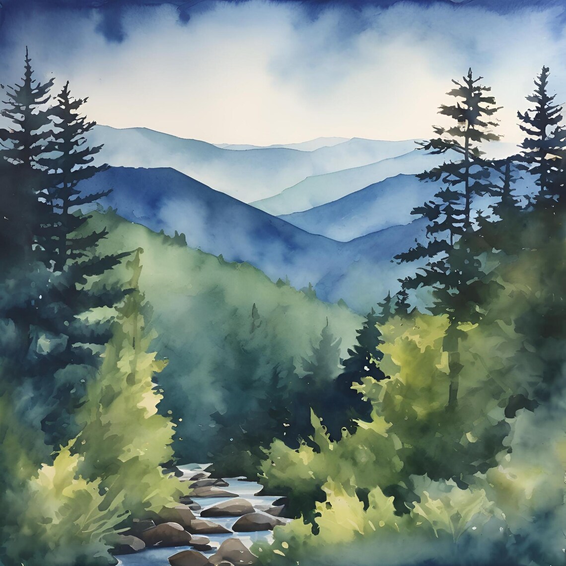 Watercolor Smoky Mountains Mountain Landscape Art Print - Image 4