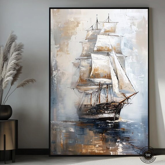 Tall White Sailing Ship Ocean Seascape Vintage Oil Painting Poster