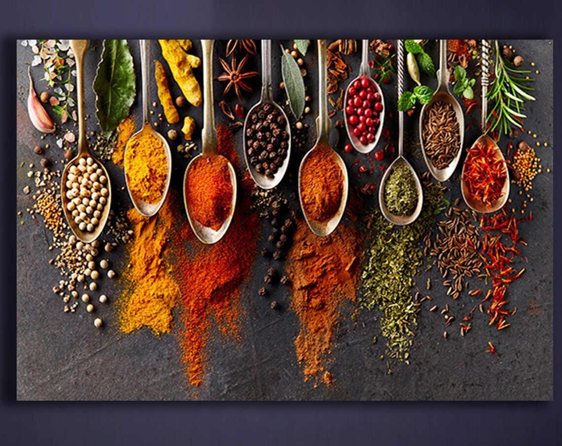 Colorful Spices In Wooden Spoons Top Down Kitchen Art Poster