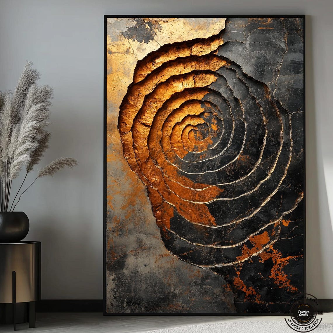 Gold and Black Abstract Spiral on Marble Luxury Textured Art Poster