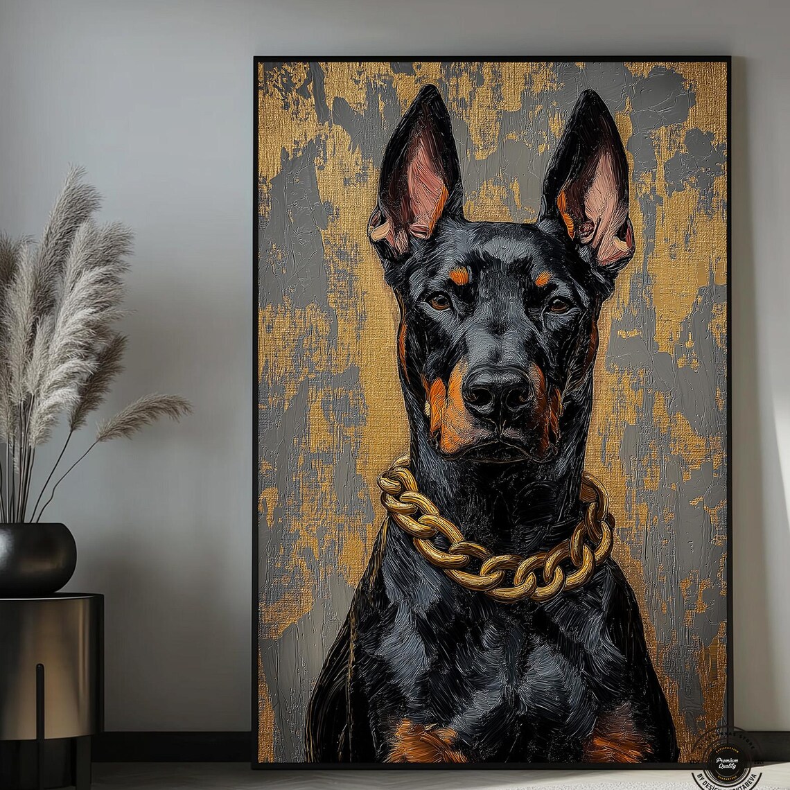 Doberman Pinscher Portrait with Gold Chain on Gold Leaf Background Poster