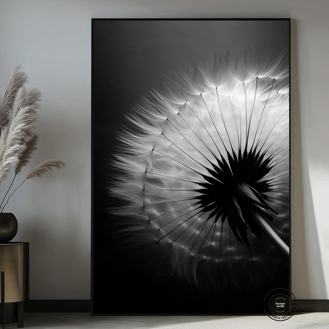 Black and White Dandelion Seed Head Macro Photography Poster