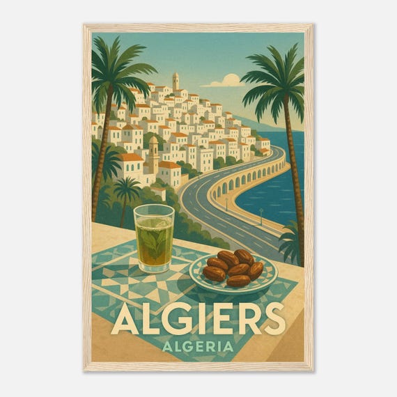 Algiers Algeria Vintage Travel Poster White Medina And Coastal Road Wall Art Mint Tea Dates Decor