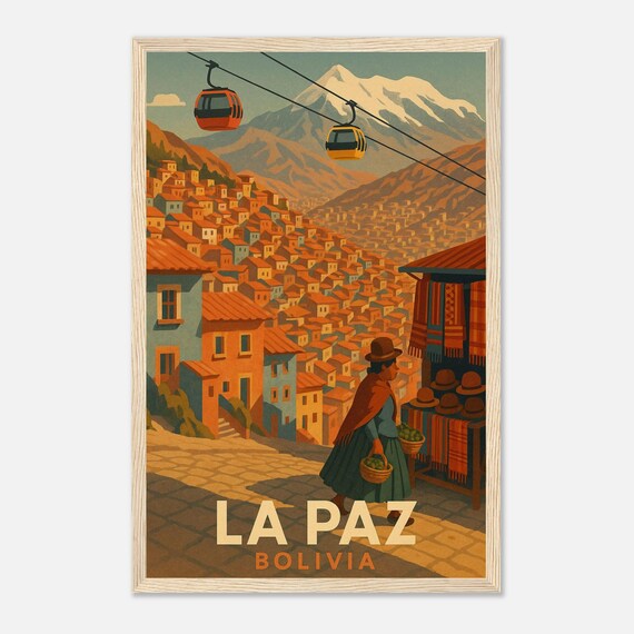La Paz Bolivia Vintage Travel Poster Cable Cars And Andean Hillside Wall Art Traditional Market Scene South America Decor
