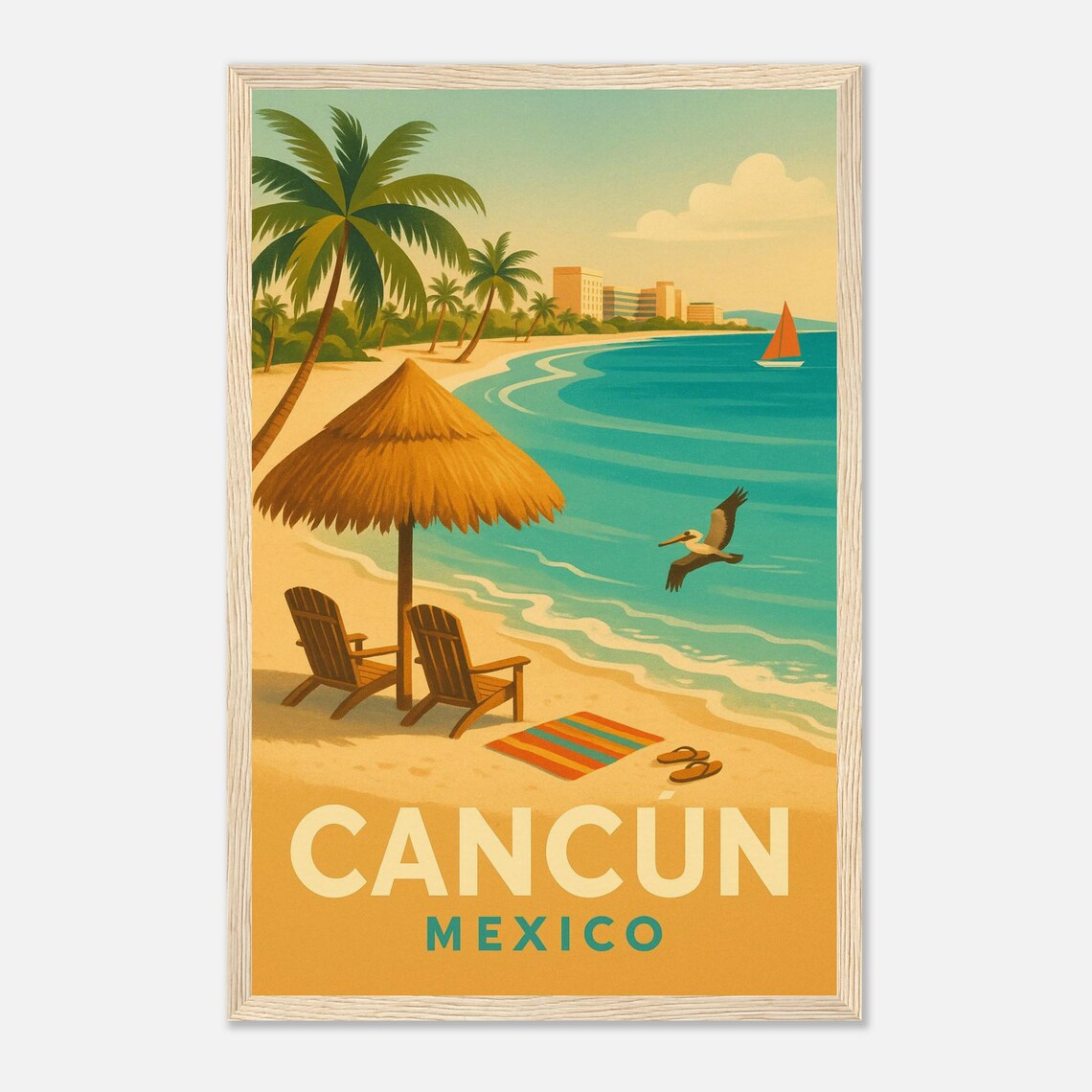 Cancun Mexico Palapa Beach Sailboat Ocean Vintage Travel Poster