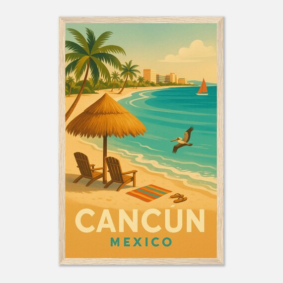 Cancun Mexico Vintage Travel Poster Tropical Beach Wall Art Print Ocean View With Chairs And Palms Retro Coastal