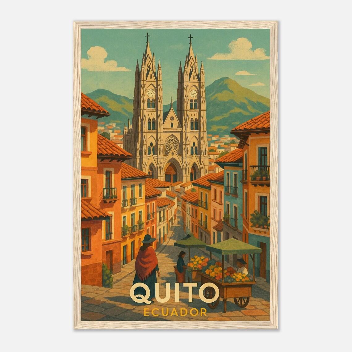 Quito Ecuador Basilica Old Town Street Vintage Travel Poster
