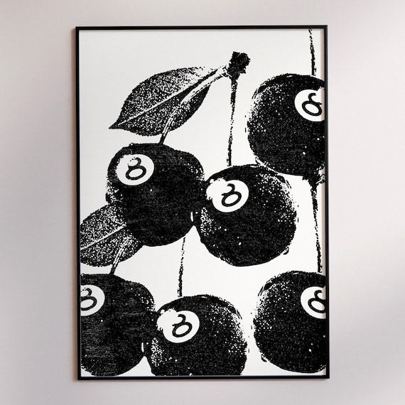 Black And White Halftone 8 Ball Cherries Retro Pop Art Poster