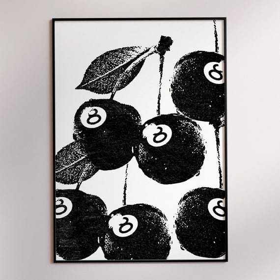 Lucky Cherries Wall Art Retro 8 Ball Print Funky Eight Poster Trendy Gallery Decor Home