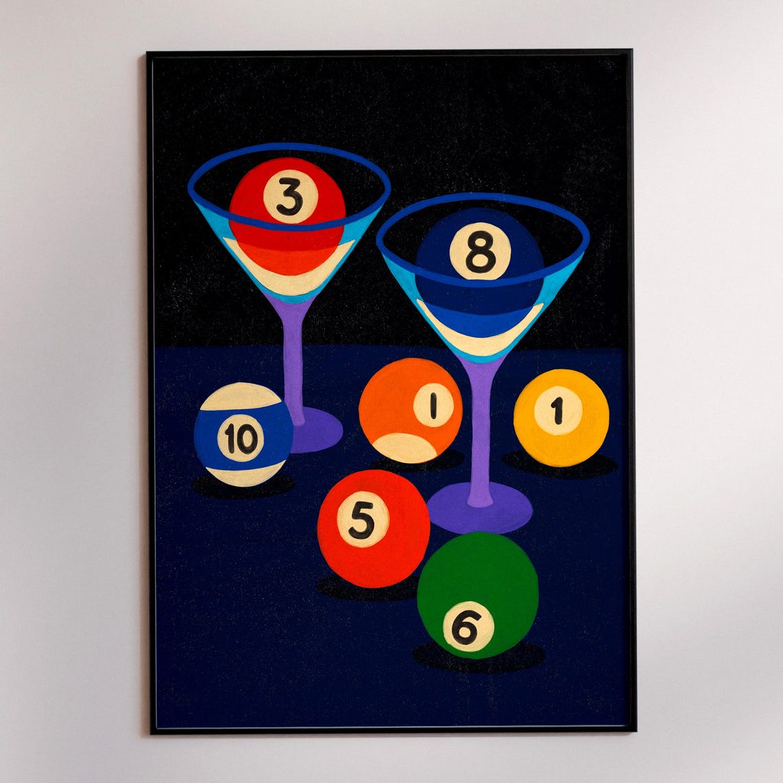 Retro 8 Ball Cocktail Martini Glasses Colorful Billiard Balls Poster